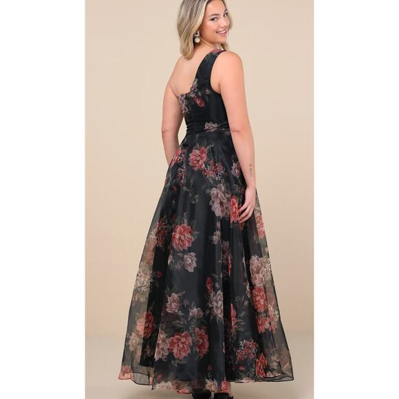 New Lulus Gown-Truly Extraordinary Black Floral Organza One-Shoulder Maxi Dress - Picture 3 of 8